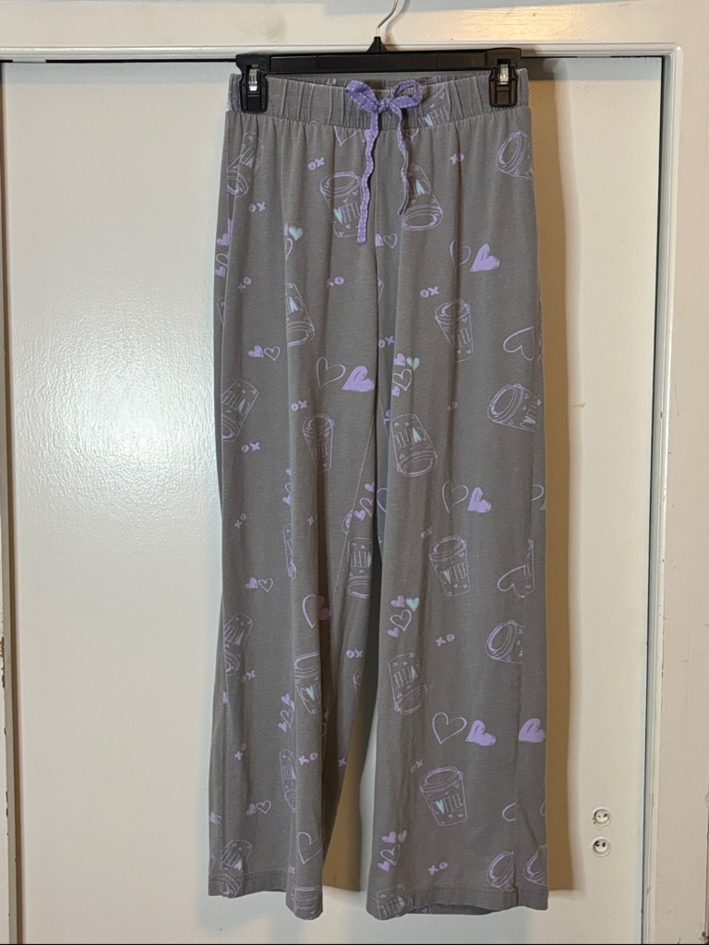 Joe Boxer Gray Lounge Pants with Lavender Heart & Coffee Motif